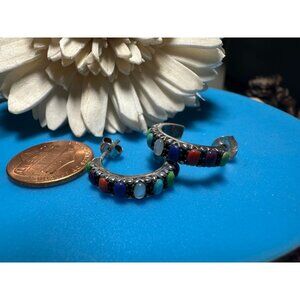 Sterling Coral, Turquoise, Lapis, Moonstone Earrings